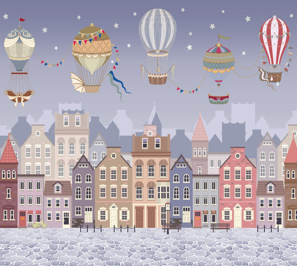 Kids Wall Mural Night Sky Old Market Square Buildings Balloon Wallpaper for Girl