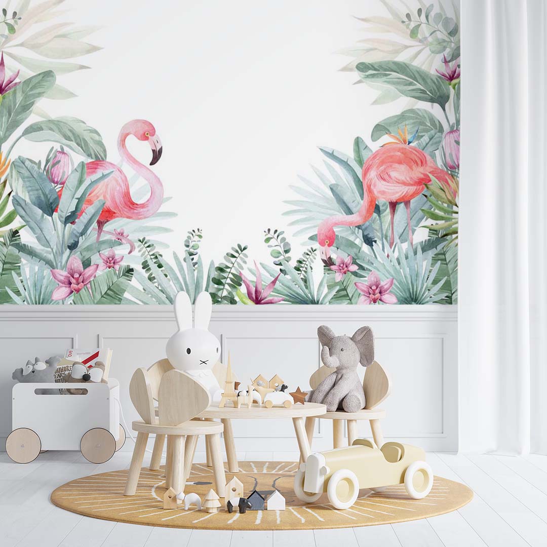 Kids Wall Mural Tropical Design Pink Flamingo Wallpaper for Kids Room