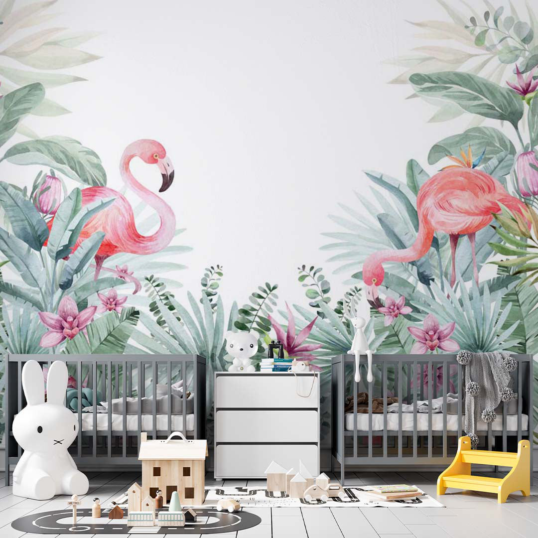 Kids Wall Mural Tropical Design Pink Flamingo Wallpaper for Kids Room