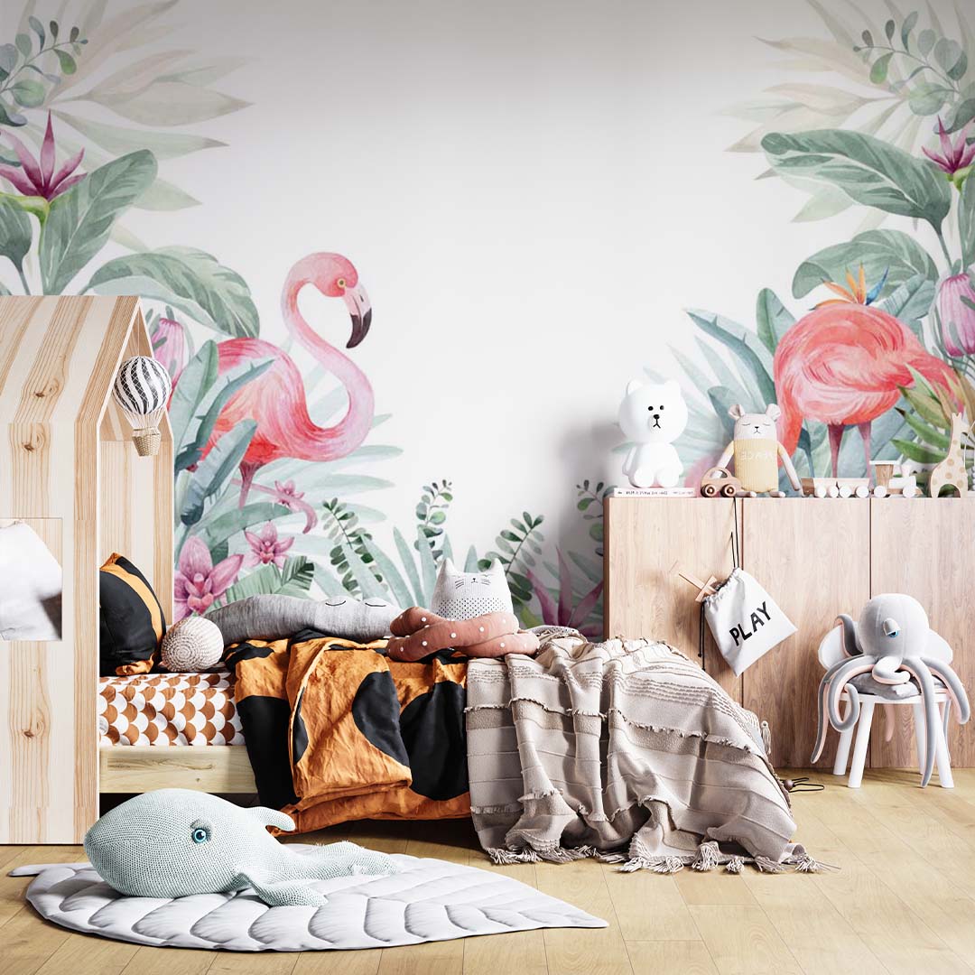 Kids Wall Mural Tropical Design Pink Flamingo Wallpaper for Kids Room