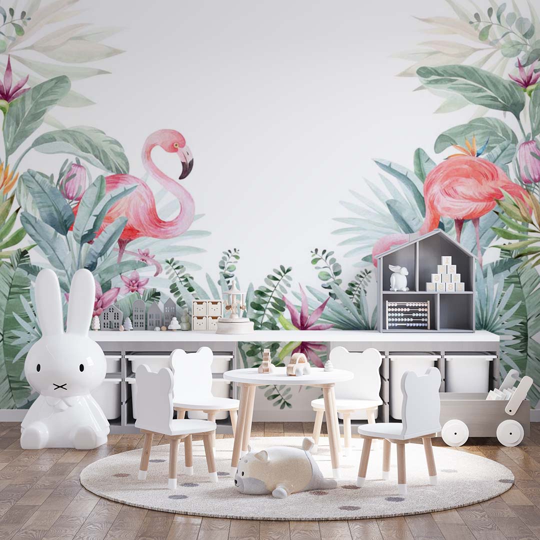 Kids Wall Mural Tropical Design Pink Flamingo Wallpaper for Kids Room