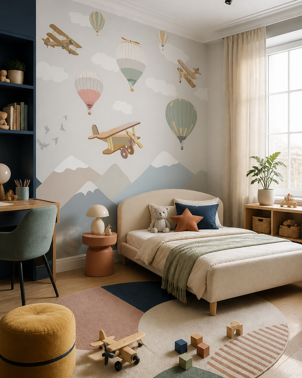 Vintage airplanes and balloons kids room wallpaper in a toddler bedroom with a child-sized bed.