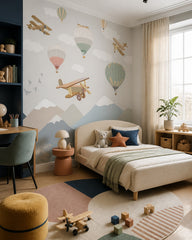 Vintage airplanes and balloons kids room wallpaper in a toddler bedroom with a child-sized bed.