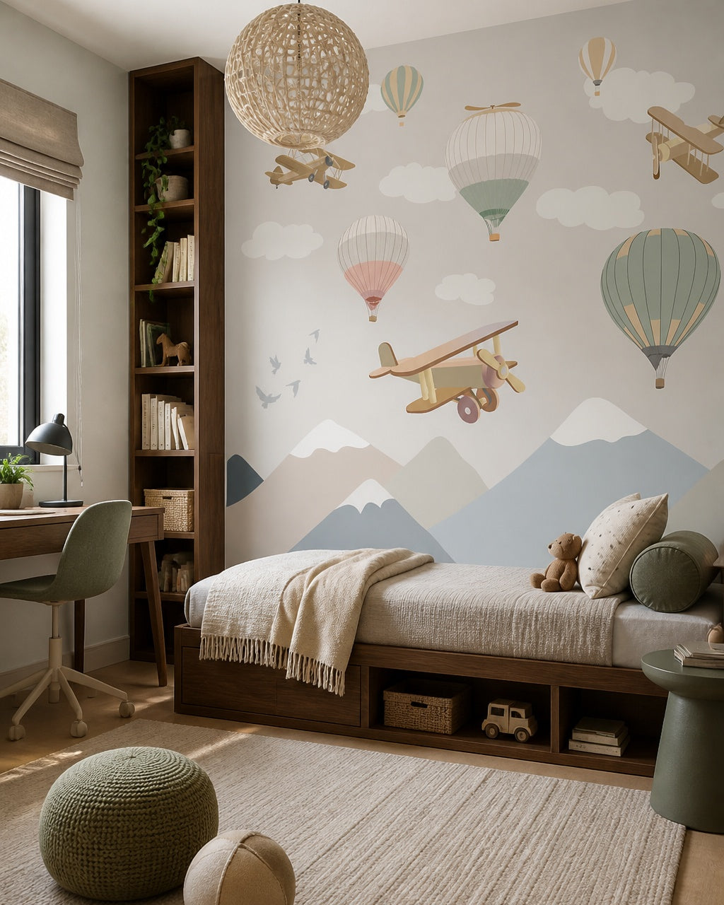 Vintage airplanes and balloons kids room wallpaper in a boy’s bedroom.