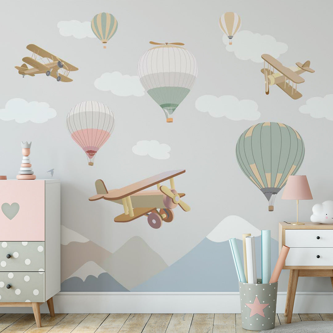 Kids Wall Murals Toy Airplane Balloons Mountains Wallpaper for Kids