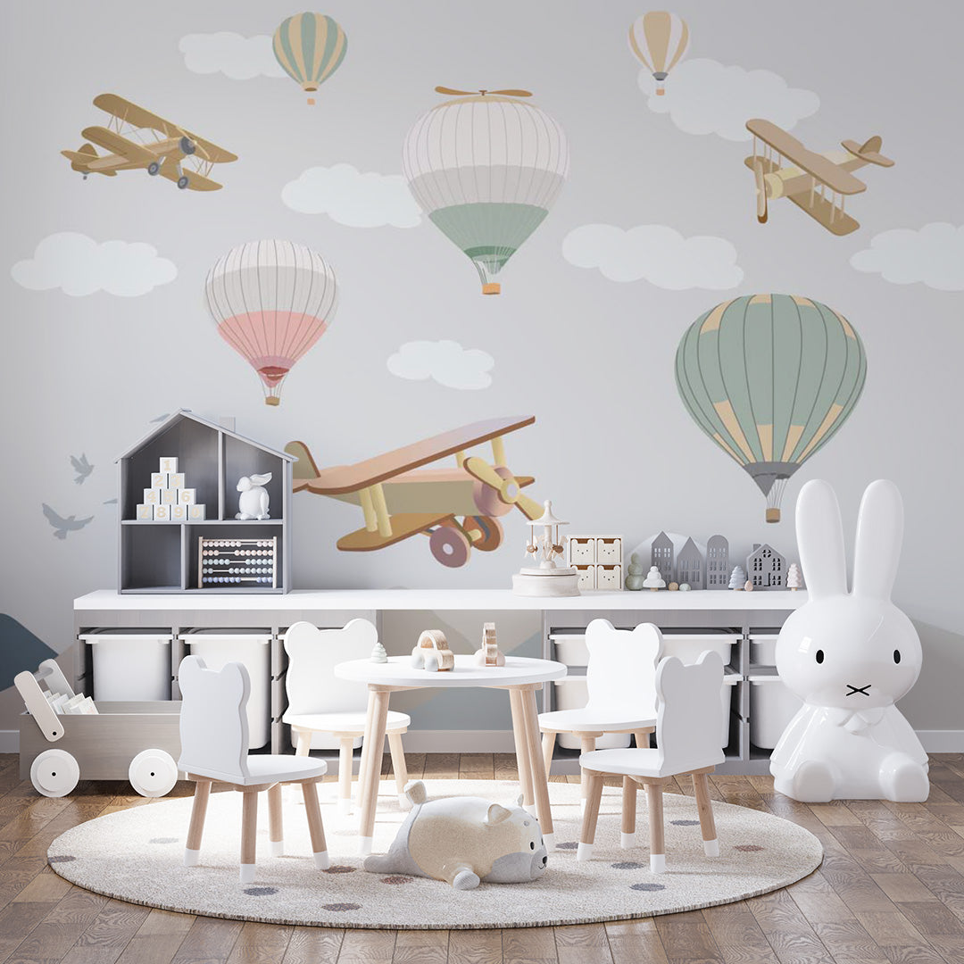 Kids Wall Murals Toy Airplane Balloons Mountains Wallpaper for Kids