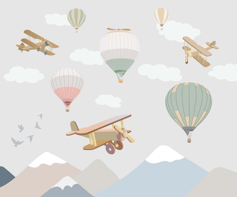 Vintage vliegtuigen en luchtballonnen – behang voor de kinderkamer