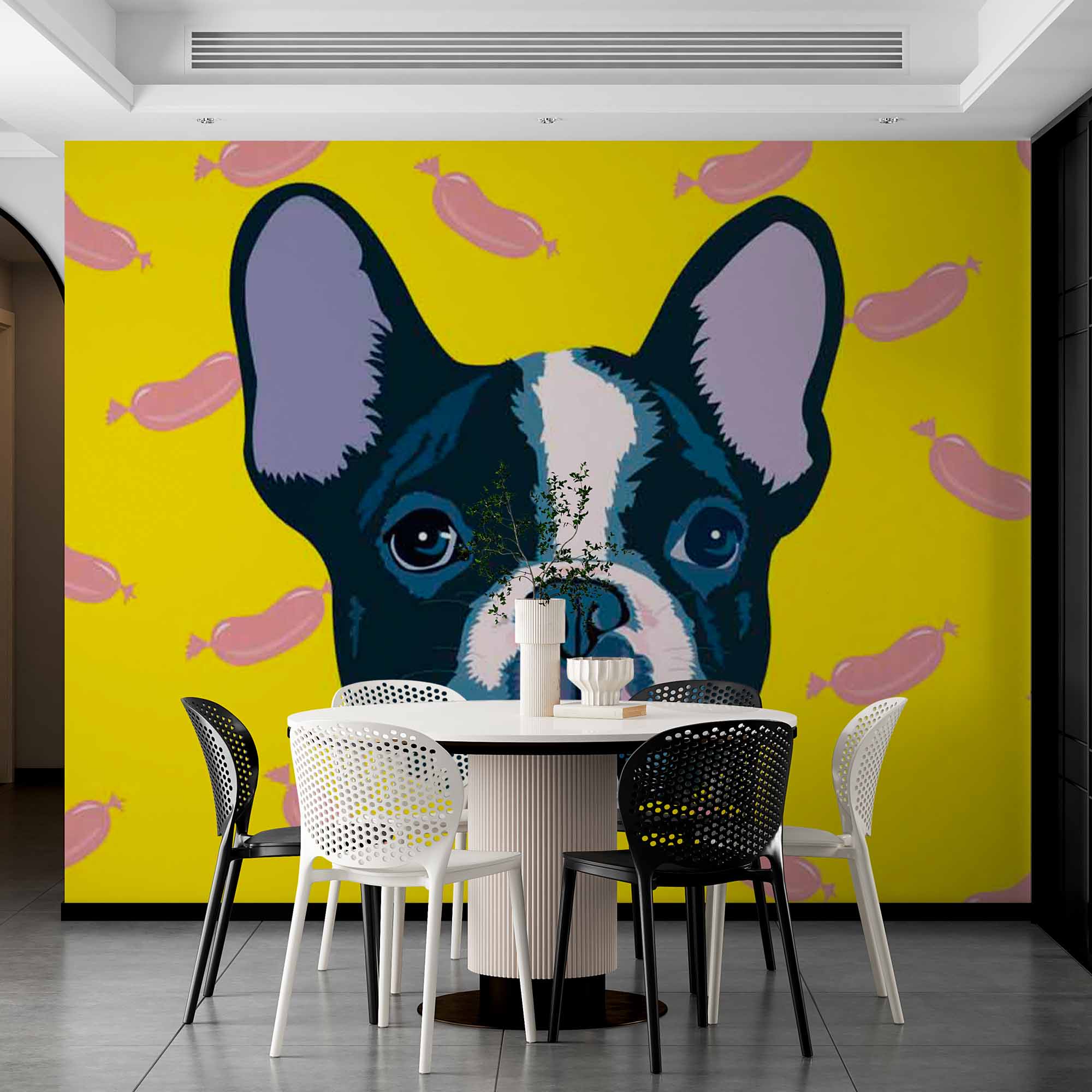 French Bulldog Sausage Pattern Wallpaper Bright Yellow Wall Mural