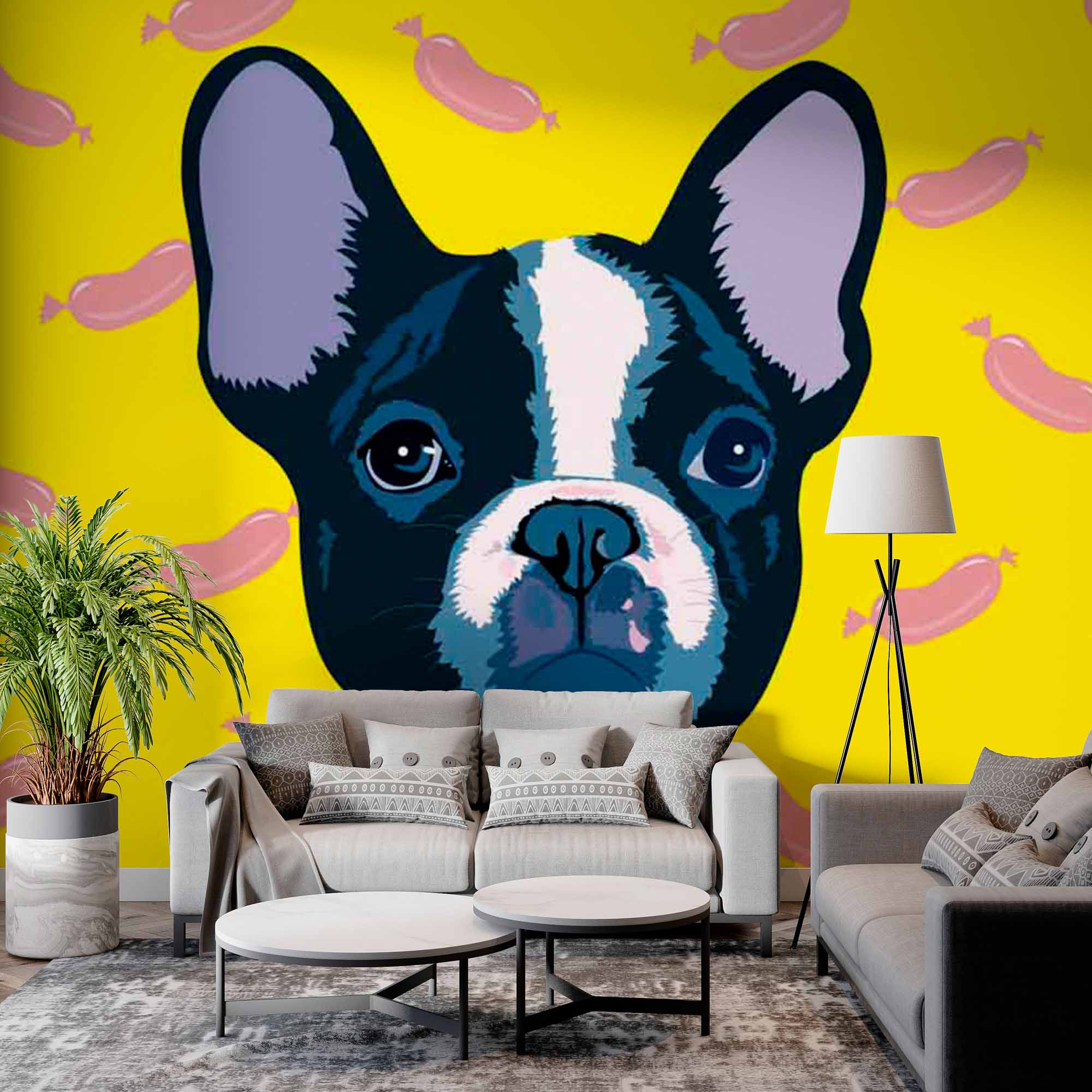 French Bulldog Sausage Pattern Wallpaper Bright Yellow Wall Mural