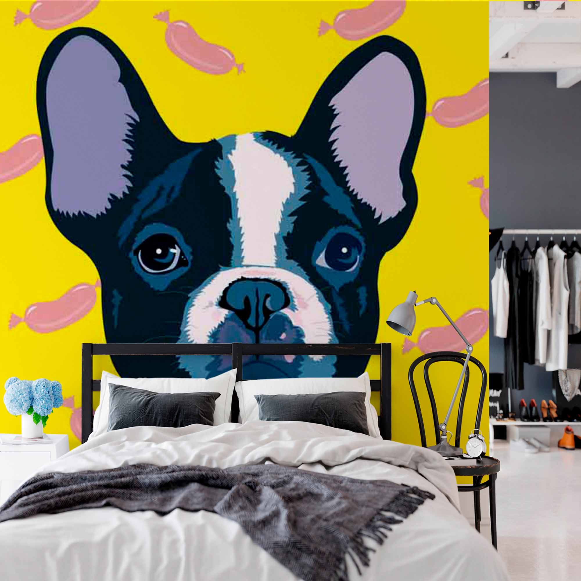 French Bulldog Sausage Pattern Wallpaper Bright Yellow Wall Mural