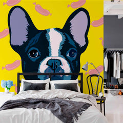 Custom French Bulldog Sausage Pattern Wallpaper Bright Yellow Wall Mural