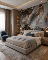Grey and gold marble wallpaper in a designer bedroom.