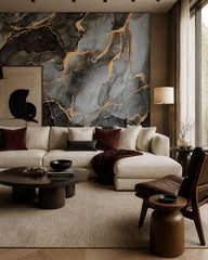 Grey and gold marble wallpaper in a designer living room.