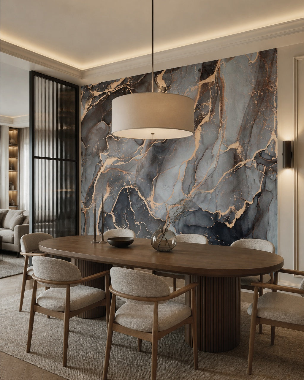 Grey and gold marble wallpaper in a refined dining area.