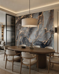 Grey and gold marble wallpaper in a refined dining area.