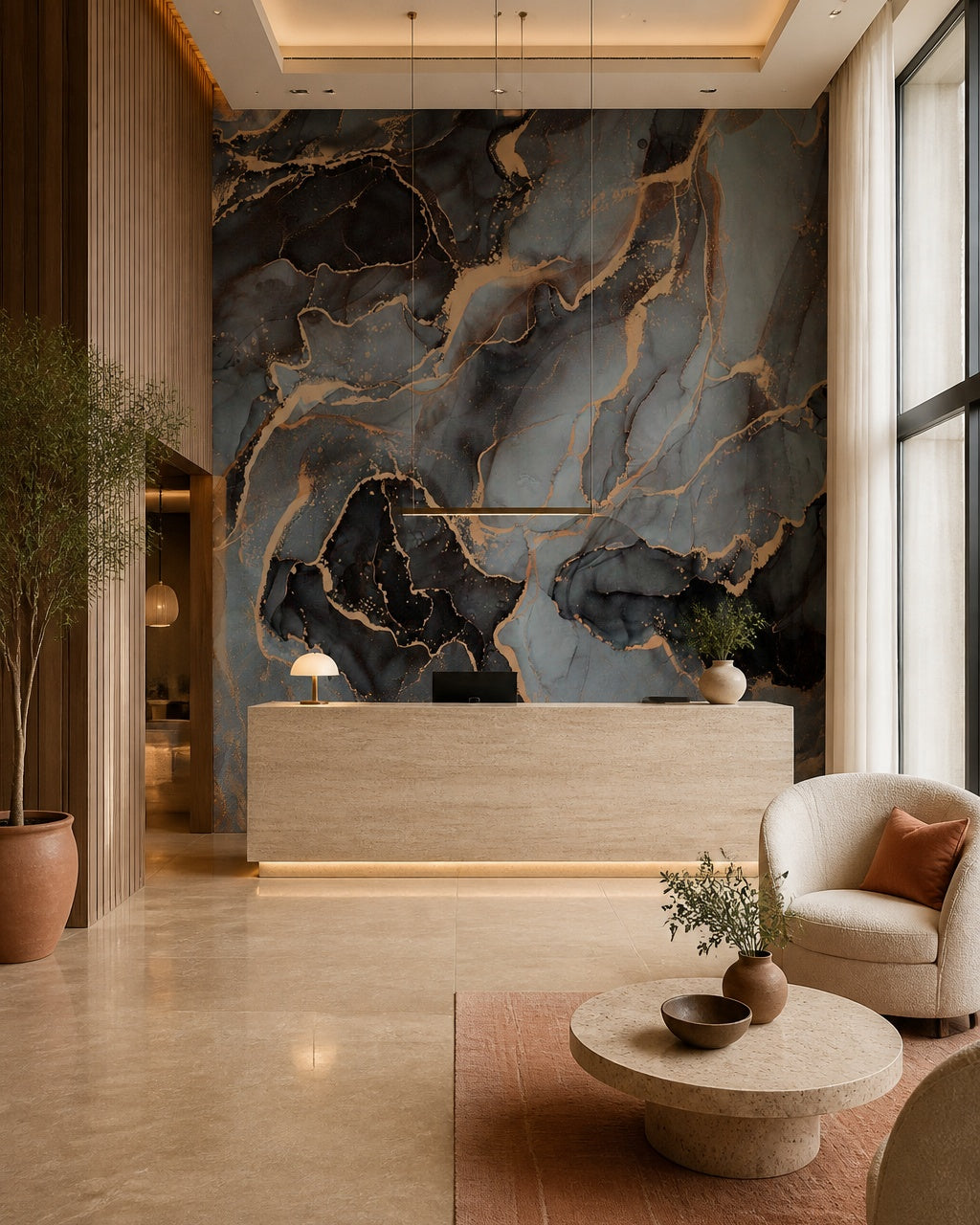 Grey and gold marble wallpaper in a boutique hotel lobby.