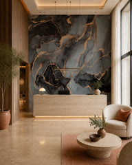 Grey and gold marble wallpaper in a boutique hotel lobby.