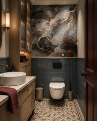 Grey and gold marble wallpaper in a luxury bathroom.