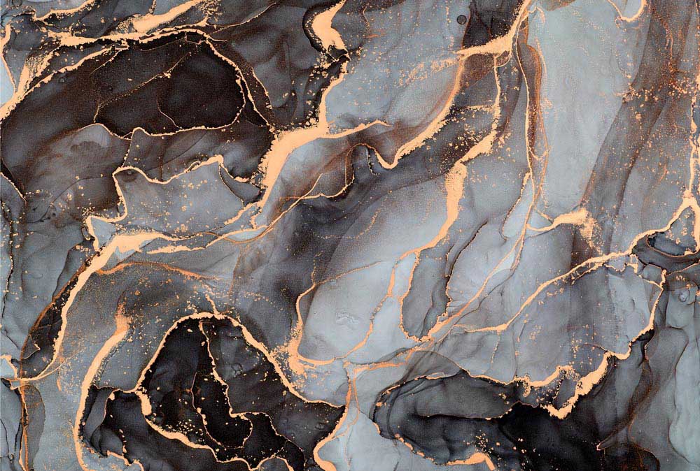 Papier peint marbre gris et or – Papier peint panoramique encre fluide sombre aux veines cuivrées