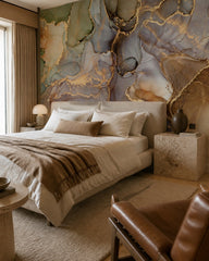 Green and gold marble wallpaper in a designer bedroom.