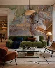 Green and gold marble wallpaper in a designer living room.