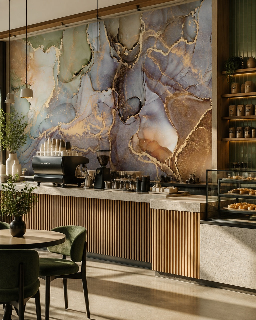 Green and gold marble wallpaper in a specialty coffee shop.