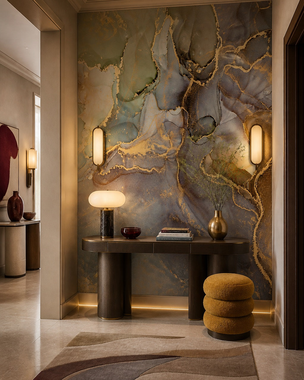 Green and gold marble wallpaper in an architectural hallway.