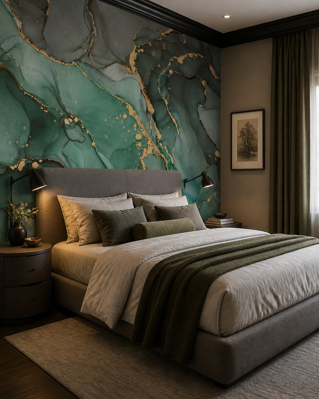 Emerald green gold marble wallpaper in a designer bedroom.