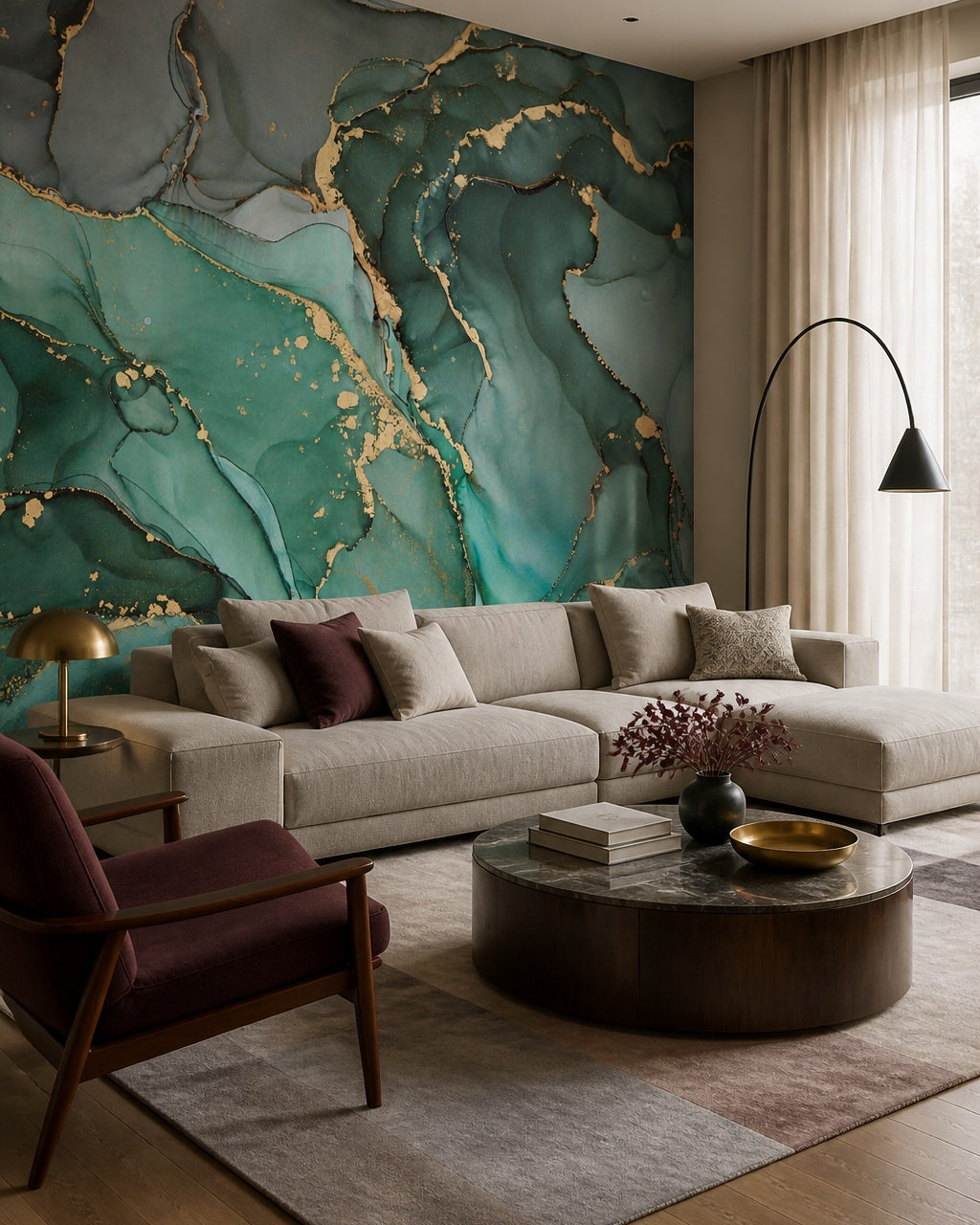 Emerald green gold marble wallpaper in a designer living room.