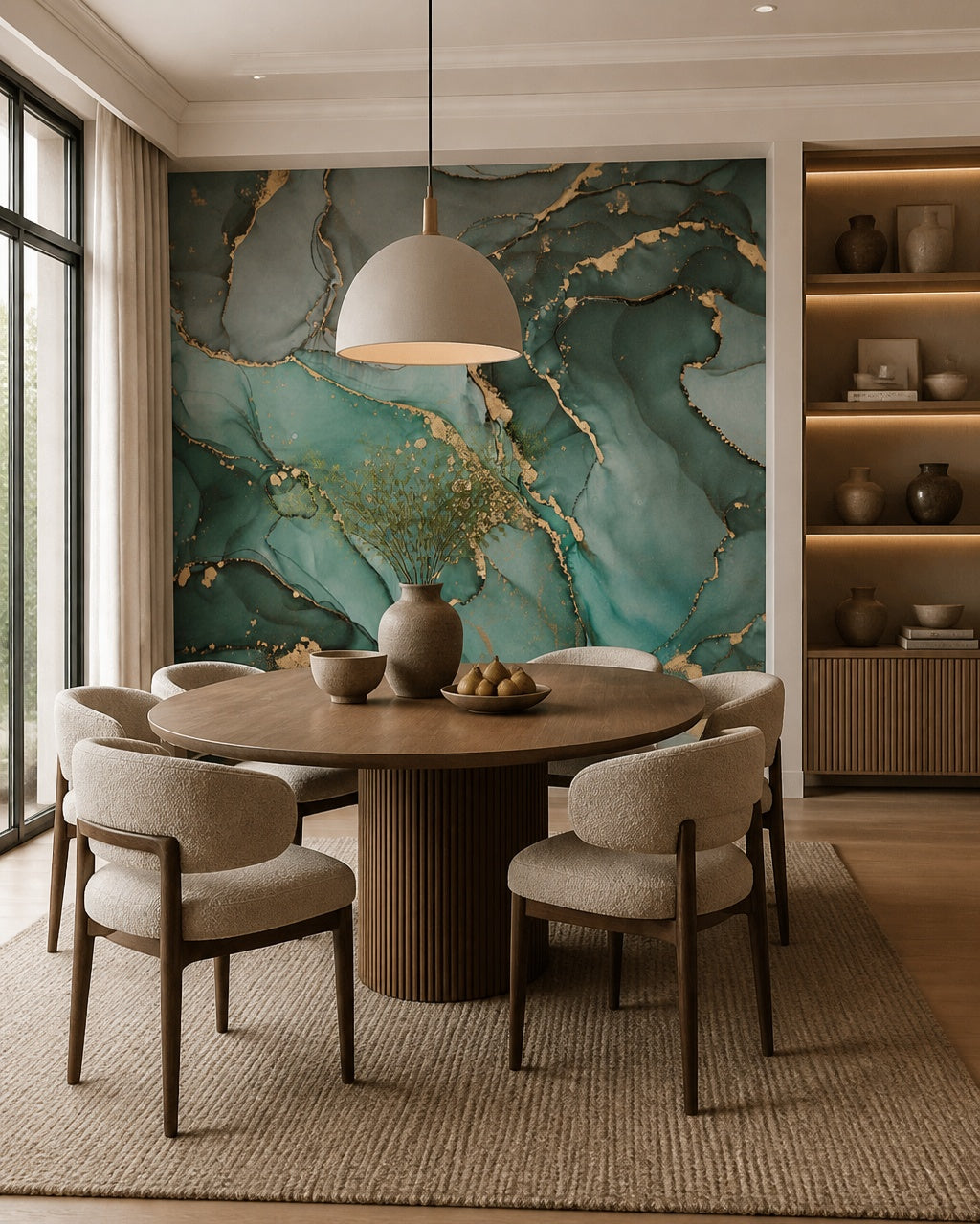 Emerald green gold marble wallpaper in a refined dining area.