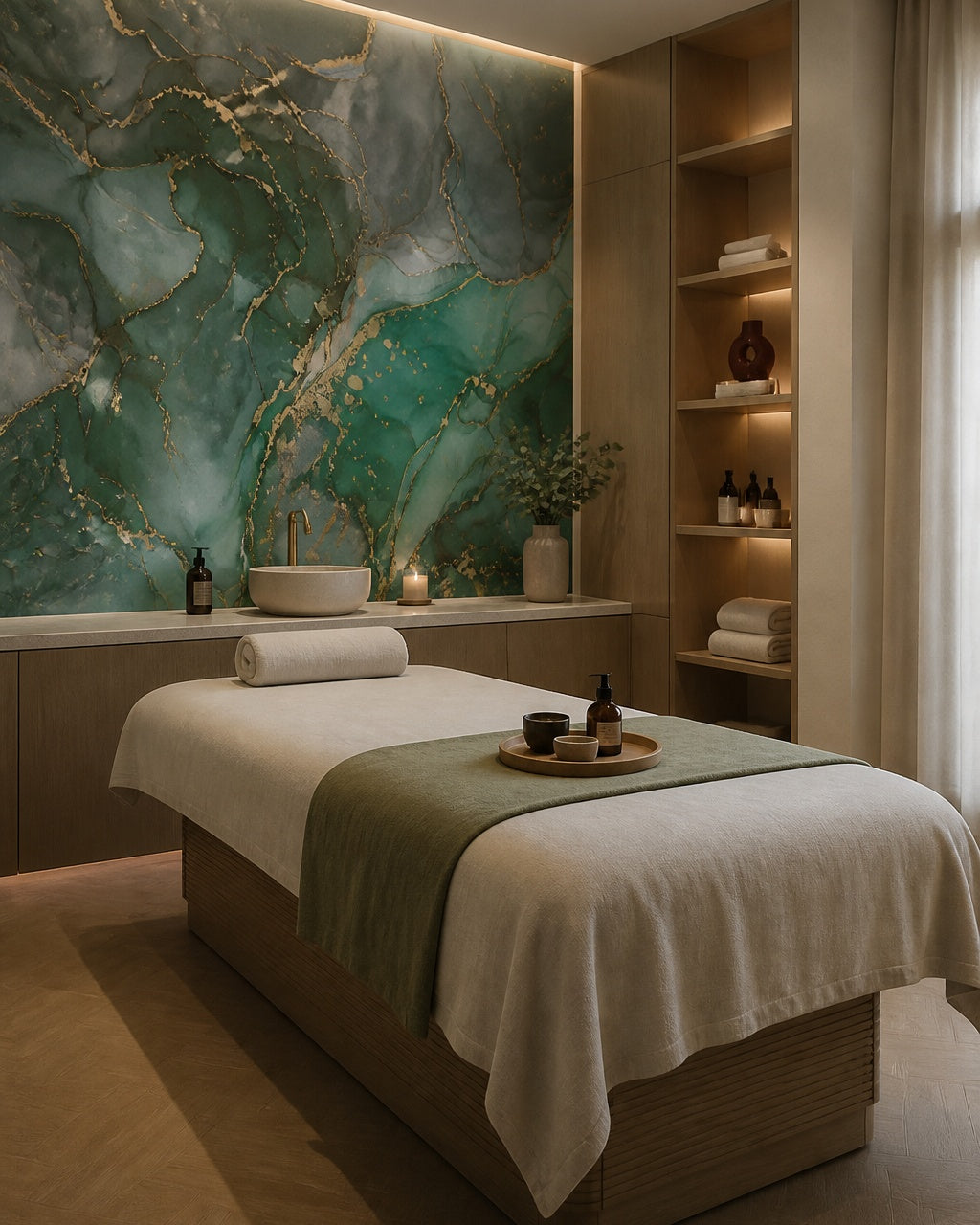 Emerald green gold marble wallpaper in a wellness spa.