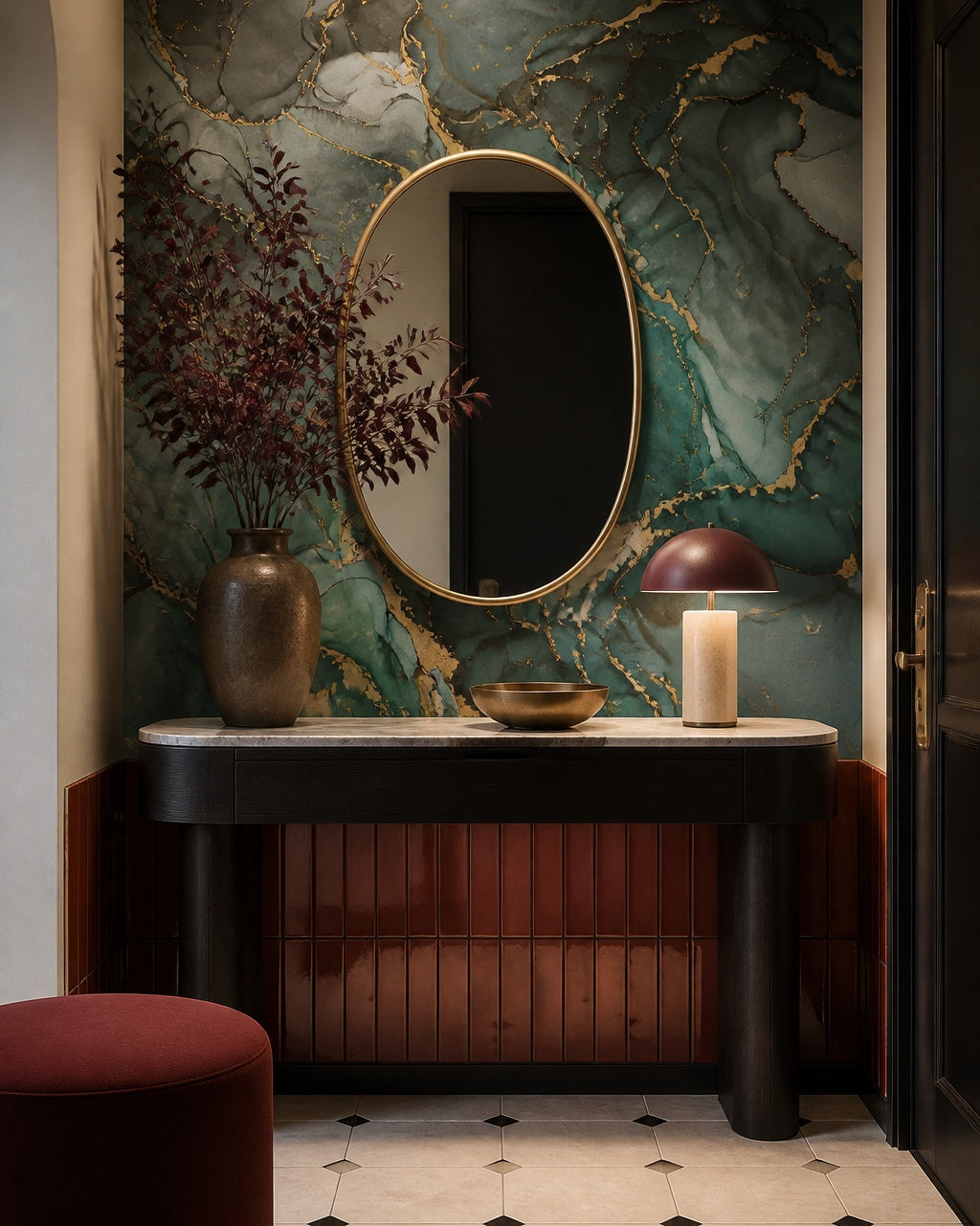 Emerald green gold marble wallpaper in a designer entrance hall.