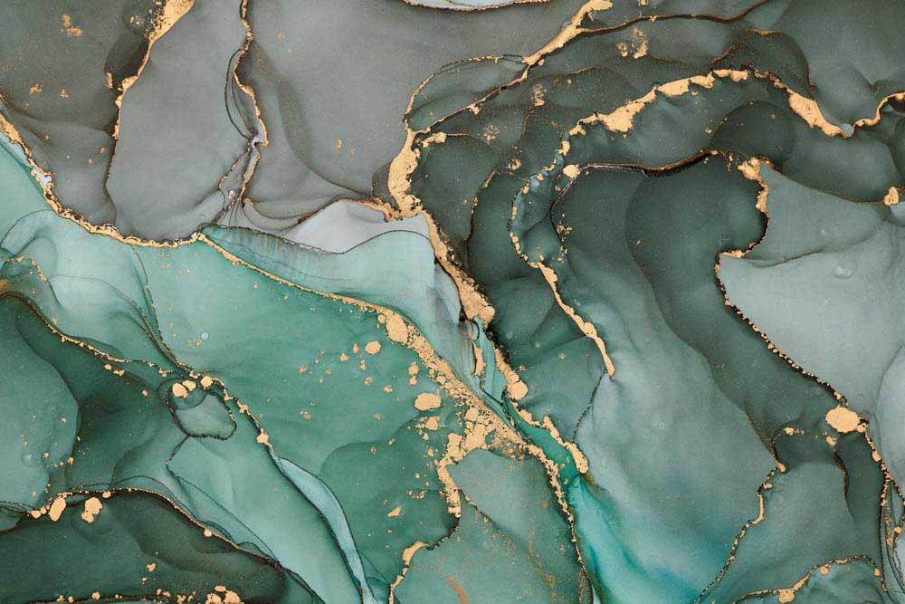 Papier peint marbre vert émeraude et or – Papier peint panoramique encre fluide bleu canard luxueuse