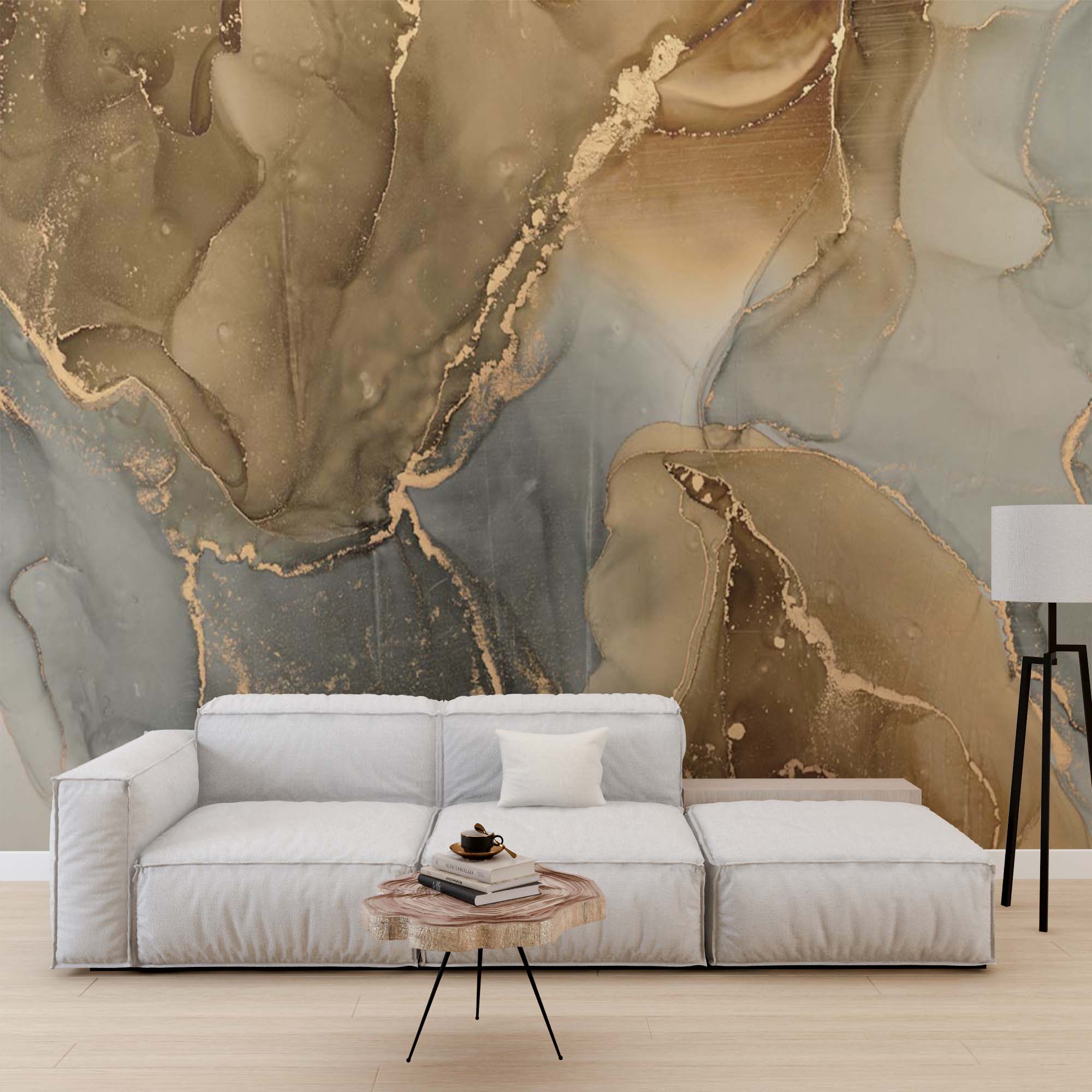 Art Wall Mural Gold and Grey Marble Abstract Fluid Wallpaper