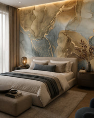 Olive green & gold alcohol ink abstract wall mural in a designer bedroom.