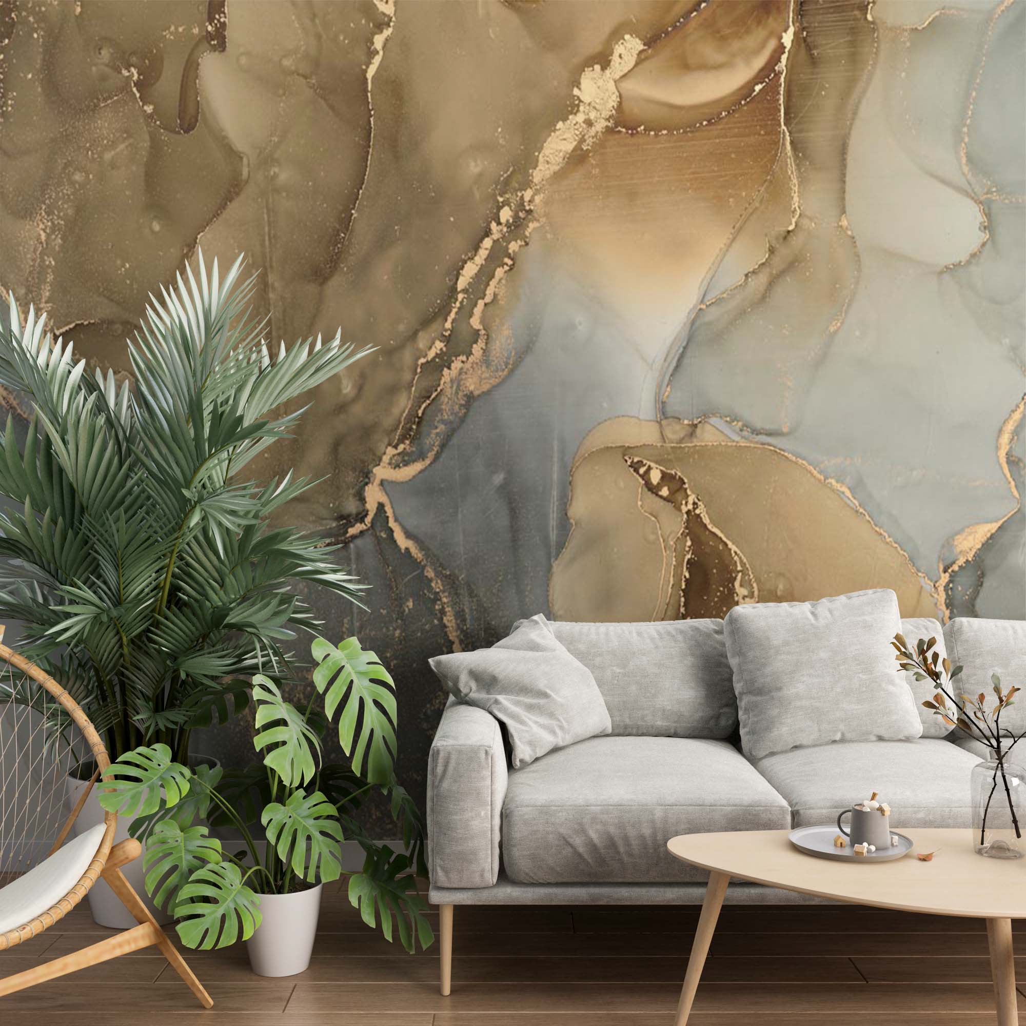 Art Wall Mural Gold and Grey Marble Abstract Fluid Wallpaper