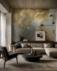 Olive green & gold alcohol ink abstract wall mural in a designer living room.
