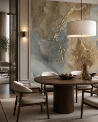 Olive green & gold alcohol ink abstract wall mural in a refined dining area.