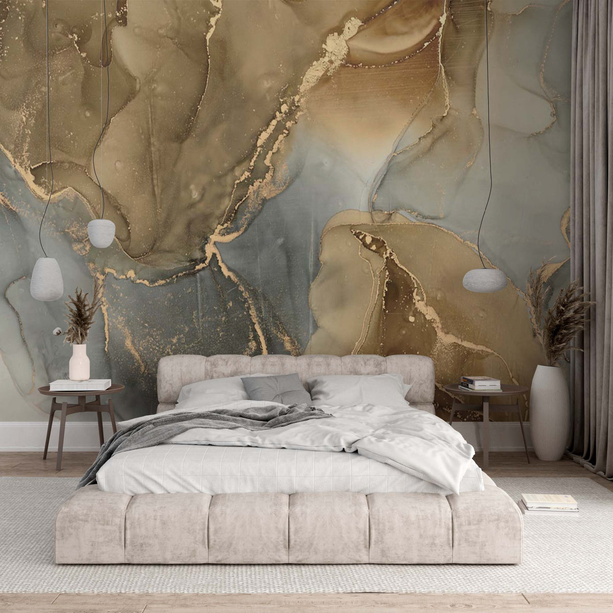 Custom Art Wall Mural Gold and Grey Marble Abstract Fluid Wallpaper