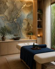 Olive green & gold alcohol ink abstract wall mural in a wellness spa.
