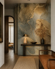 Olive green & gold alcohol ink abstract wall mural in an architectural hallway.