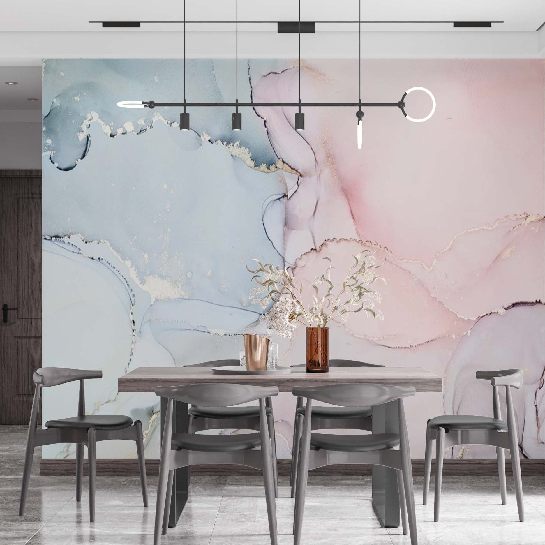 Marble Wall Mural Light Pink and Blue Fluid Abstract Wallpaper