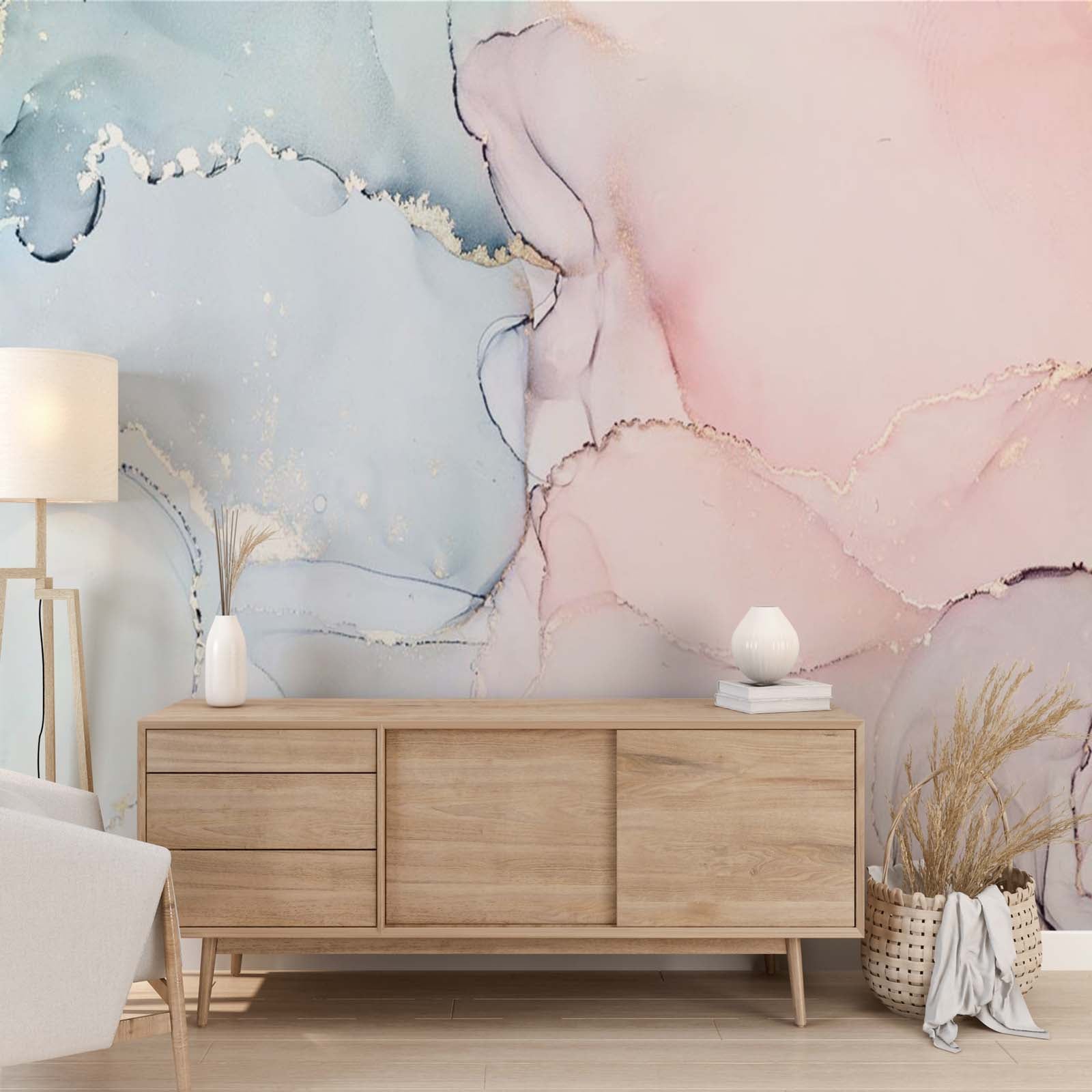 Marble Wall Mural Light Pink and Blue Fluid Abstract Wallpaper