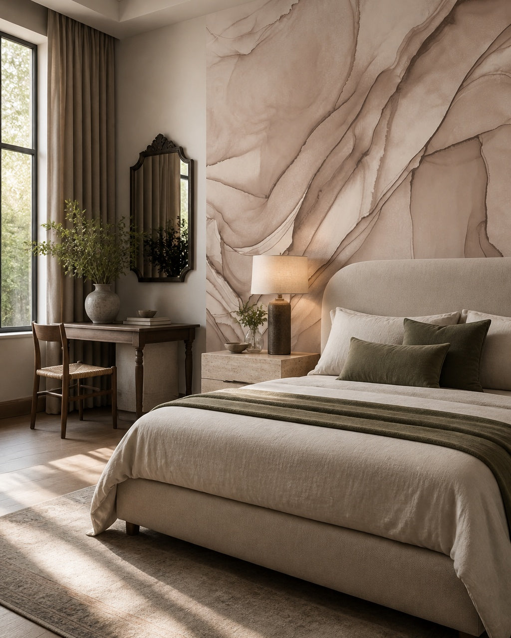 Dusty rose alcohol ink abstract wall mural in a designer bedroom.
