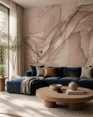 Dusty rose alcohol ink abstract wall mural in a designer living room.