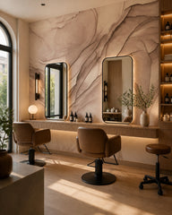 Dusty rose alcohol ink abstract wall mural in a beauty salon.