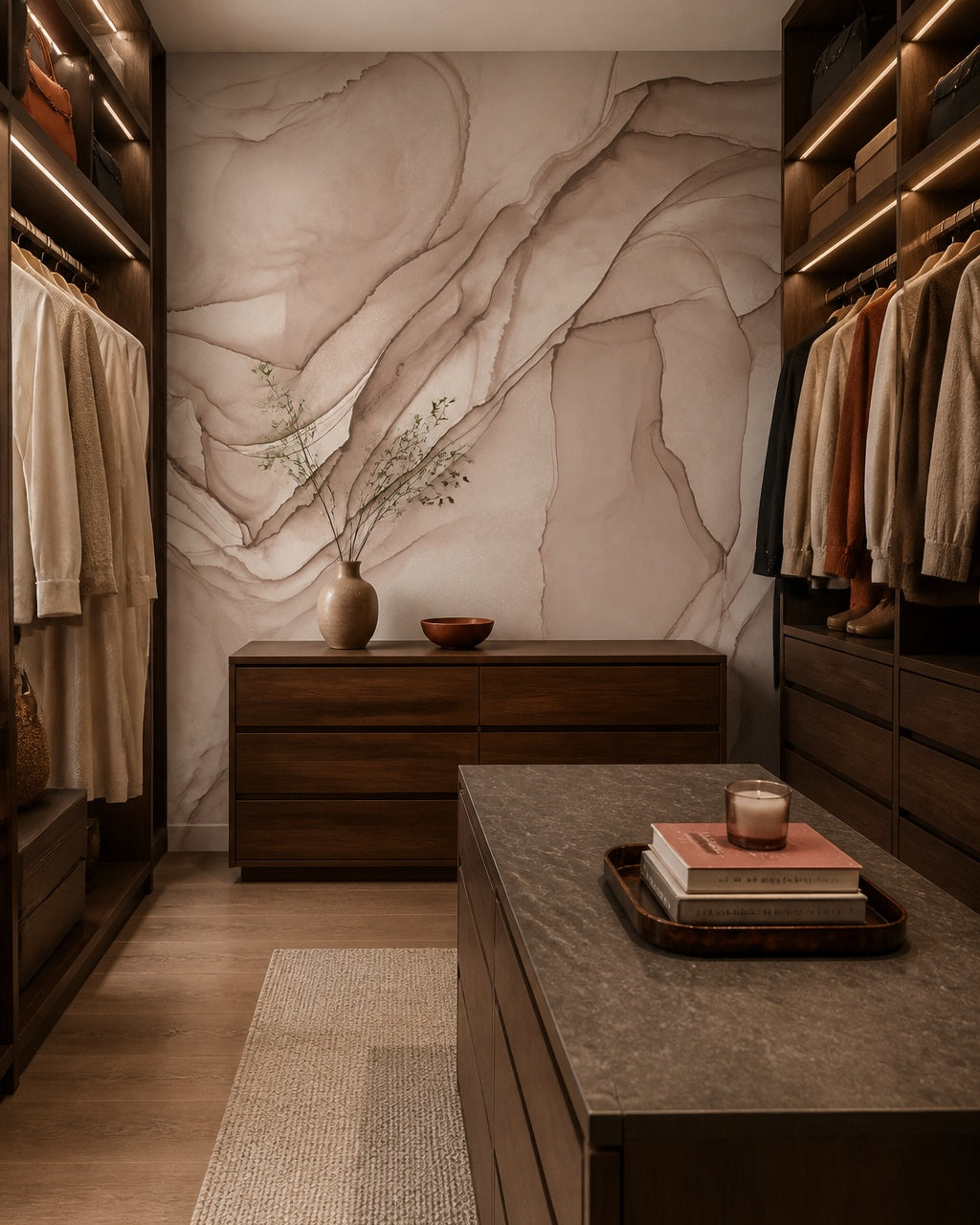 Dusty rose alcohol ink abstract wall mural in a walk-in wardrobe.