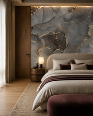Grey marble wallpaper in a designer bedroom.