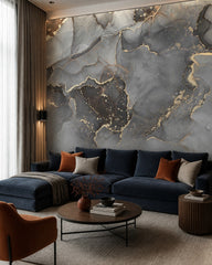 Grey marble wallpaper in a designer living room.