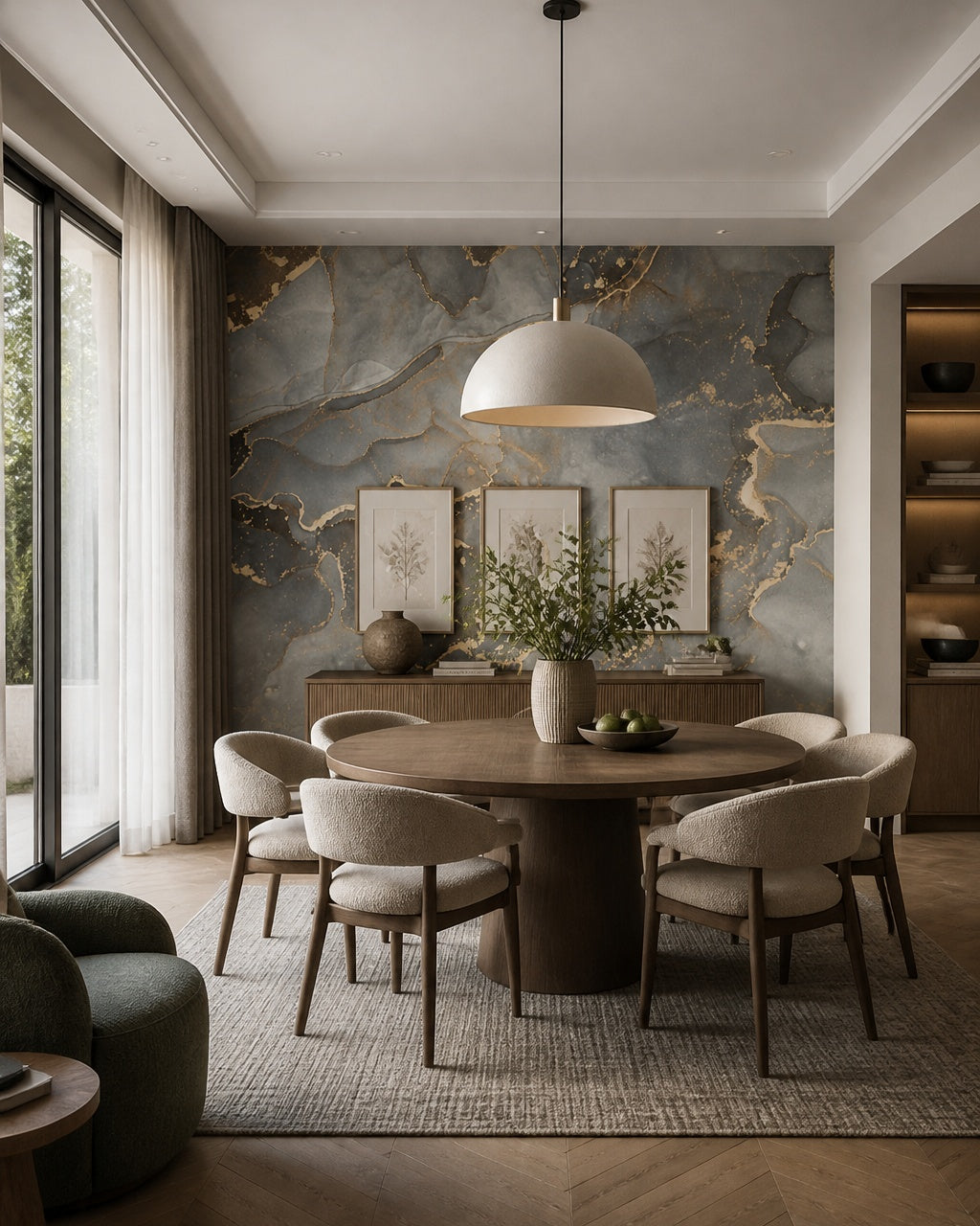 Grey marble wallpaper in a refined dining area.